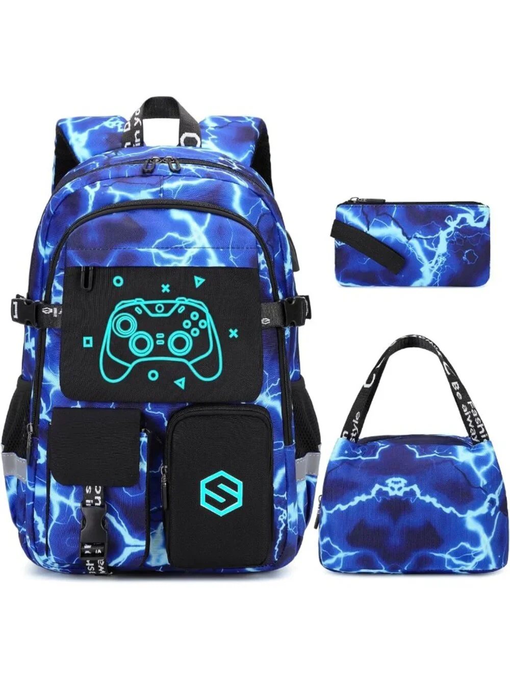 Luminous Boys Backpack Set with Lunch Bag & Pencil Case, USB Charging, School